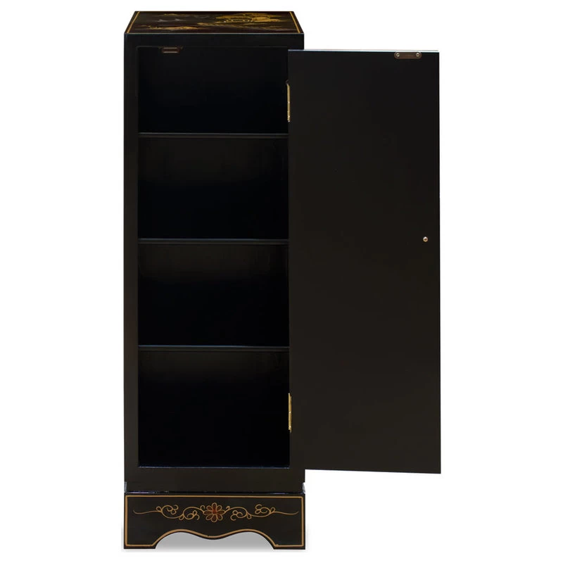 Black Lacquer Chinoiserie Chinese Pedestal Cabinet 2 Black Lacquer Chinoiserie Chinese Pedestal Cabinet - Image 2