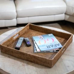 Artifacts Rattan™ Square Ottoman Tray With Cutout Handles, Honey Brown, 20"x20" -High End Kitchen 03e114c80fb430c7 1849 w800 h800 b0 p0