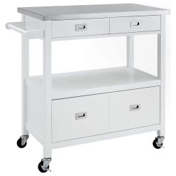 Modern Kitchen Cart, Stainless Steel Top And Spacious Drawer, Glossy White