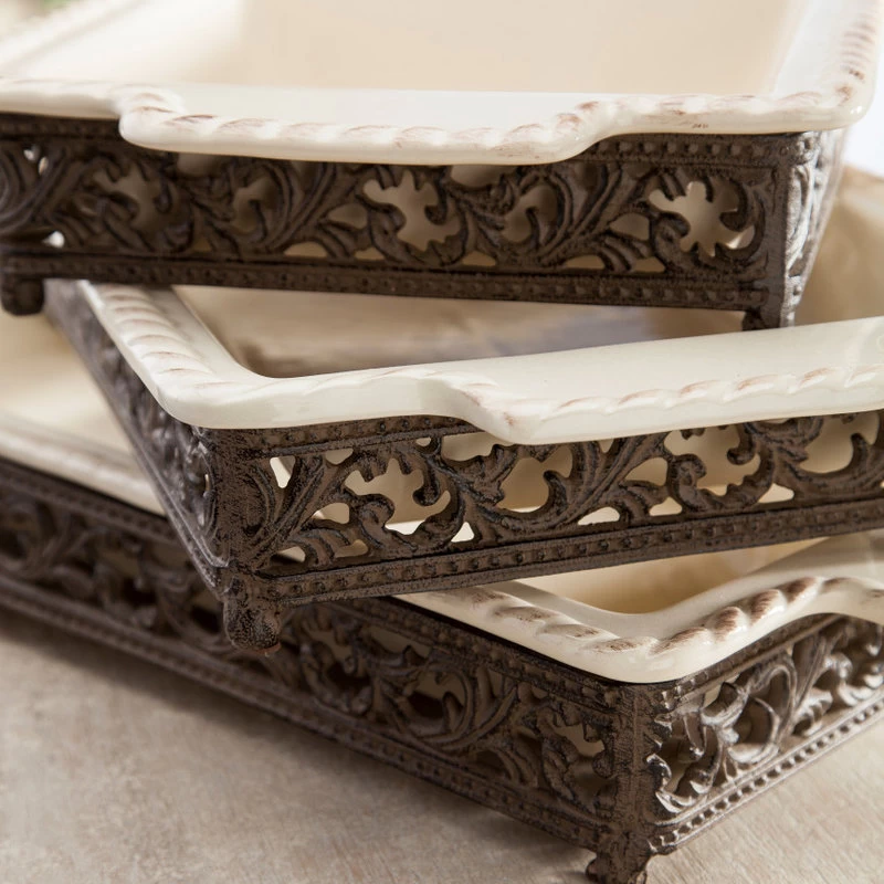 Acanthus Ceramic Baker With An Artfully Crafted Scrolled Metal Base, 14x9 2 Acanthus Ceramic Baker With An Artfully Crafted Scrolled Metal Base, 14x9 - Image 2