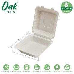 Oak PLUS Sugarcane Clamshell Containers, 300 Pack, White, 8.66"lx7.95"w, 1000ml -High End Kitchen 178124e10f619ccf 4051 w800 h800 b1 p0