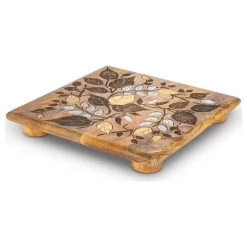 Mango Wood With Laser And Metal Inlay Leaf Design Trivet