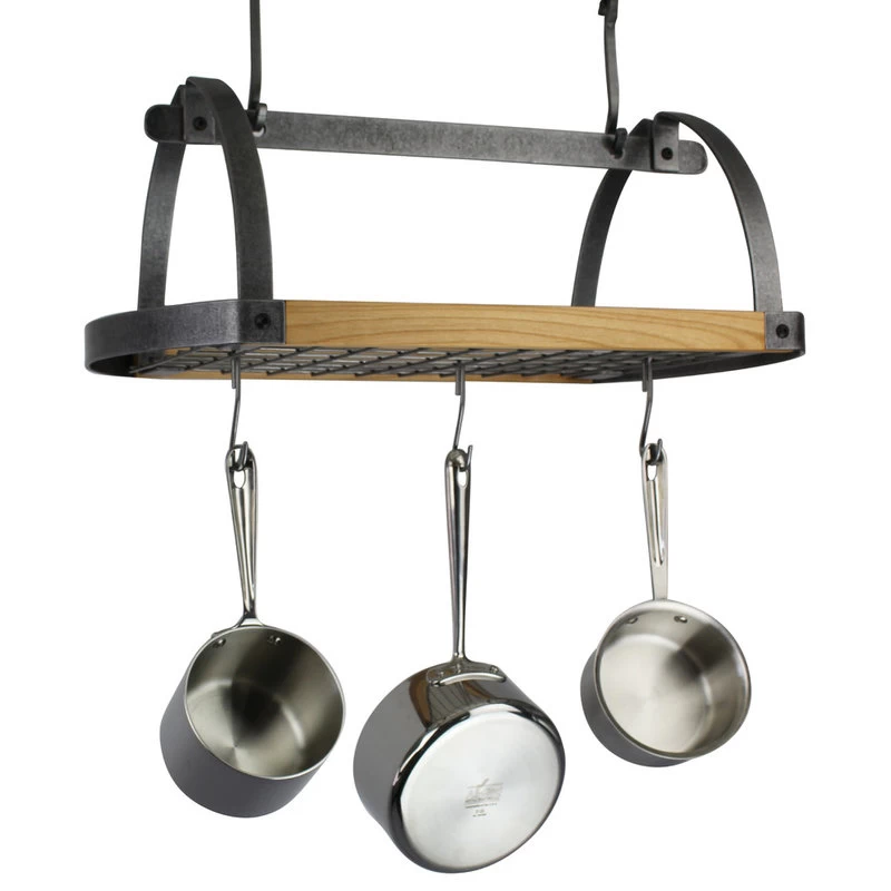 Enclume Handcrafted Decor Oval Ceiling Pot Rack With Alder Shelf, Hammered Steel 3 Enclume Handcrafted Decor Oval Ceiling Pot Rack With Alder Shelf, Hammered Steel - Image 3