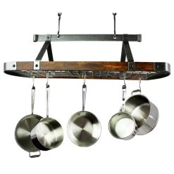 Enclume 45" Oval Ceiling Pot Rack Hammered Steel W Tigerwood W 18 Hooks