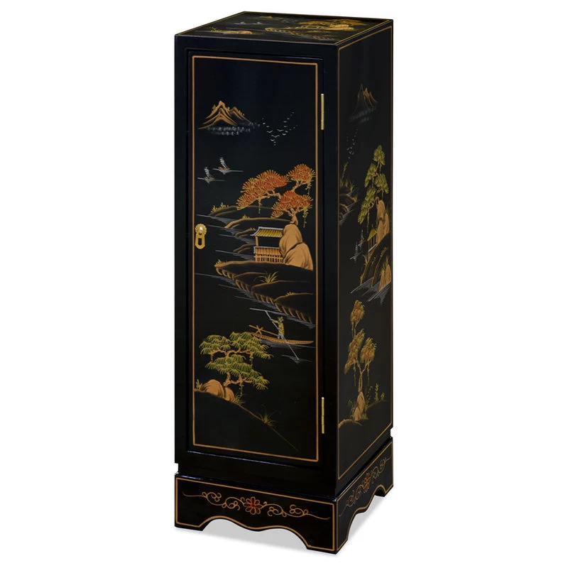 Black Lacquer Chinoiserie Chinese Pedestal Cabinet 1 Black Lacquer Chinoiserie Chinese Pedestal Cabinet