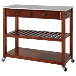 Crosley Stainless Steel Top Kitchen Cart/Island, Optional Stool Storage, Classic Cherry