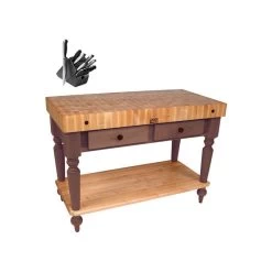 John Boo CUCR05 48x24 Rustica Table, Henckels Knife Set, Walnut Stain, Shelf