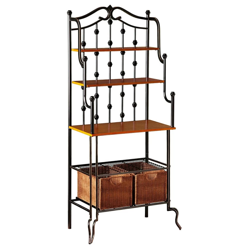 Mediterranean Bakers Rack, 2 Open Shelves And 2 Rattan Storage Baskets, Walnut 1 Mediterranean Bakers Rack, 2 Open Shelves And 2 Rattan Storage Baskets, Walnut