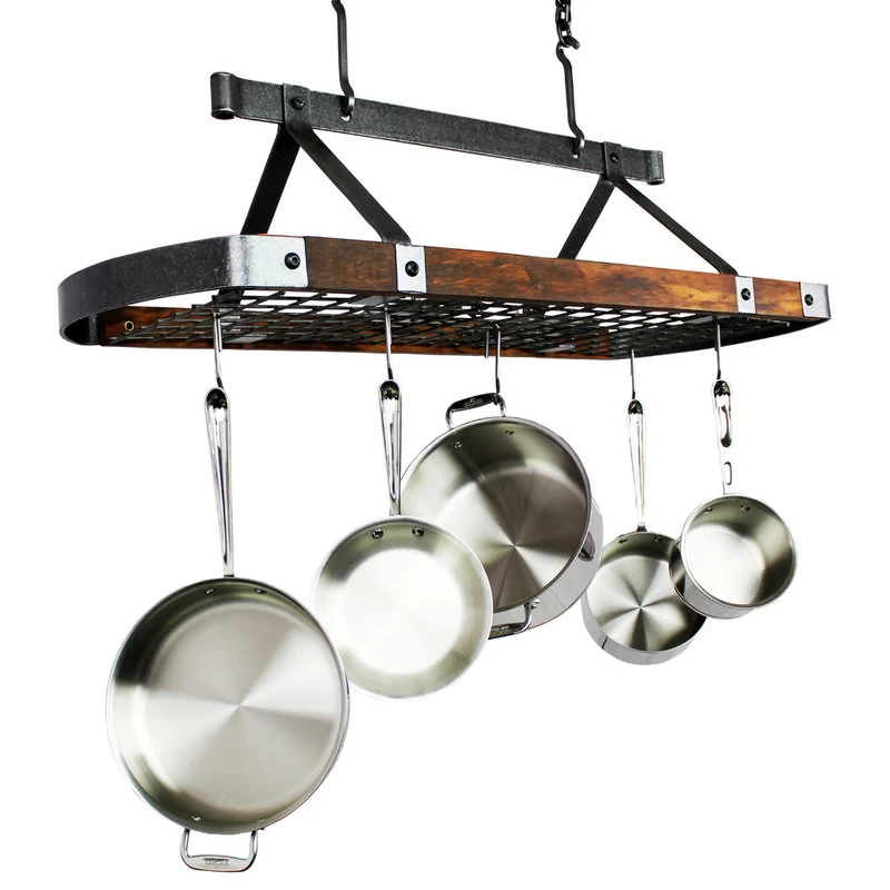 Enclume 45" Oval Ceiling Pot Rack Hammered Steel W Tigerwood W 18 Hooks 2 Enclume 45" Oval Ceiling Pot Rack Hammered Steel W Tigerwood W 18 Hooks - Image 2