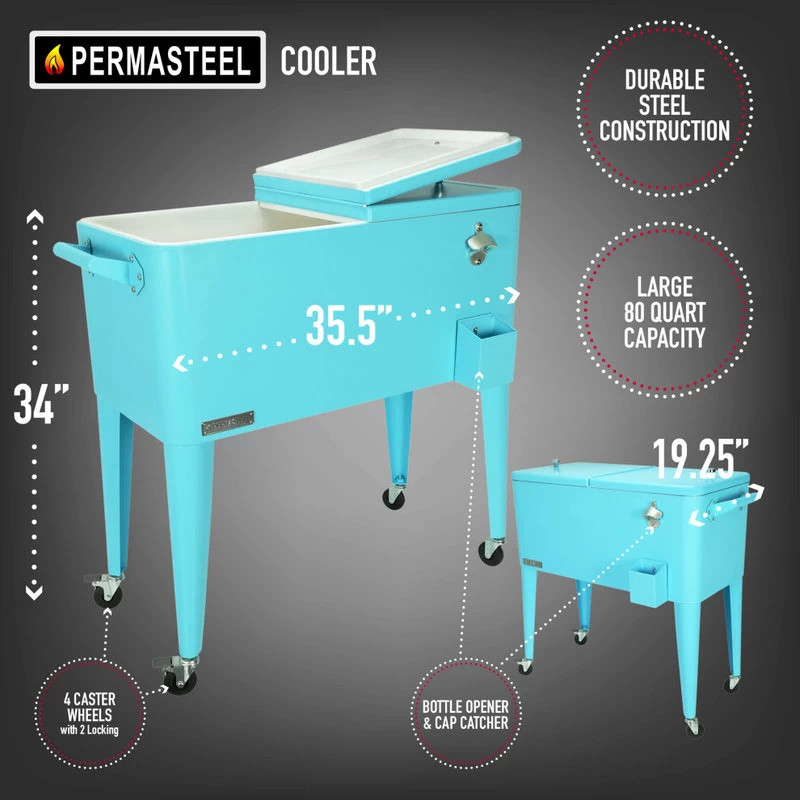 Permasteel 80 Quart Portable Rolling Patio Cooler, Turquoise 3 Permasteel 80 Quart Portable Rolling Patio Cooler, Turquoise - Image 3