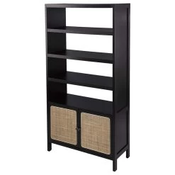 Multifunctional Bookcase, 4 Open Shelves And Cabinet With Rattan Doors, Black