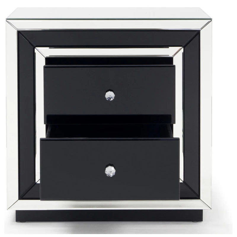 Modern Malibu Side Table Clear Smoked Black Mirrored Finish 2 Drawers 2 Modern Malibu Side Table Clear Smoked Black Mirrored Finish 2 Drawers - Image 2