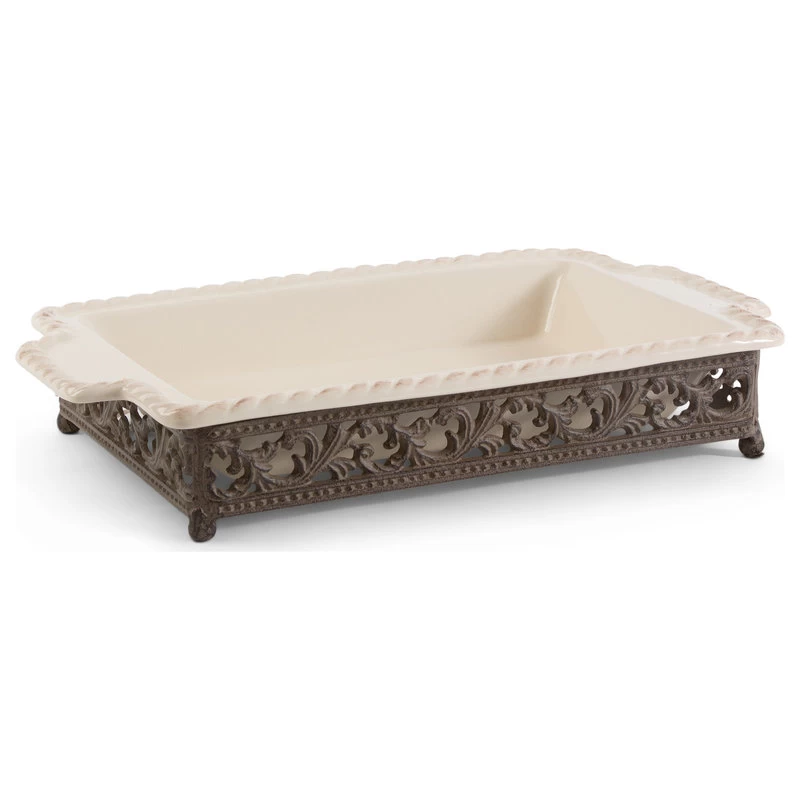 Acanthus Ceramic Baker With An Artfully Crafted Scrolled Metal Base, 14x9 1 Acanthus Ceramic Baker With An Artfully Crafted Scrolled Metal Base, 14x9
