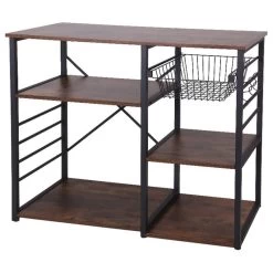 Wood And Metal Bakers Rack With 4 Shelves And Wire Basket, Brown And Black