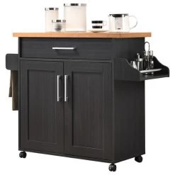 Hodedah Kitchen Island With Spice Rack Plus Towel Holder In Black-Beige Wood