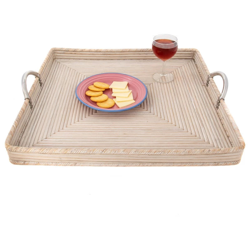 Artifacts Rattan Square Tray, Stainless Steel Handles, White Wash, 20"x20"x2" 4 Artifacts Rattan Square Tray, Stainless Steel Handles, White Wash, 20"x20"x2" - Image 4