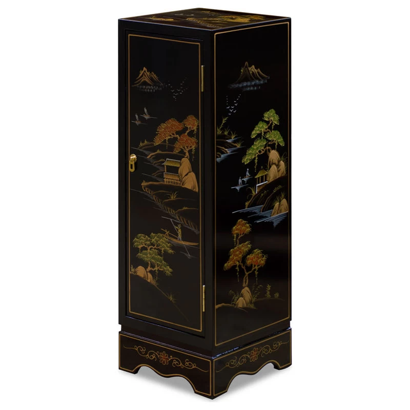 Black Lacquer Chinoiserie Chinese Pedestal Cabinet 3 Black Lacquer Chinoiserie Chinese Pedestal Cabinet - Image 3