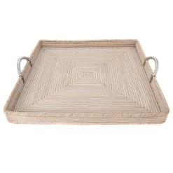 Artifacts Rattan Square Tray, Stainless Steel Handles, White Wash, 20"x20"x2"