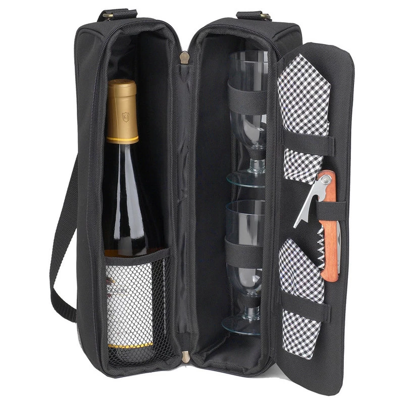 Sunset Wine Carrier For Two, Black/Gingham 1 Sunset Wine Carrier For Two, Black/Gingham