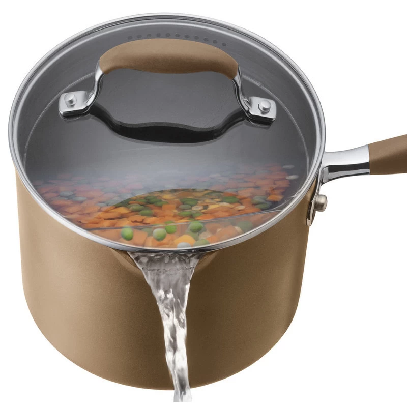 Bronze Hard-Anodized Nonstick 2-Quart Covered Straining Saucepan, Pour Spouts 3 Bronze Hard-Anodized Nonstick 2-Quart Covered Straining Saucepan, Pour Spouts - Image 3