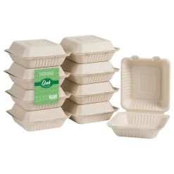 Oak PLUS Sugarcane Clamshell Containers, 300 Pack, Natural, 8.66"lx7.95"w, 1000m