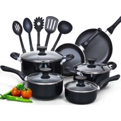 Cook N Home 15 Piece Non Stick Black Soft Handle Cookware Set