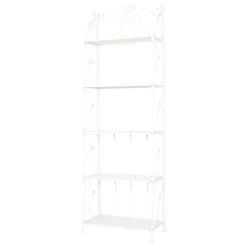French Country Bakers Rack, Metal Construction With 5 Tiers, Bleached White