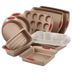 Cucina Nonstick Bakeware 10-Piece Set, Latte Brown, Cranberry Red Handle Grips