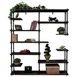 Nashville Industrial Mid-Century Etagere Bookcase,Black Metals & Espresso Wood