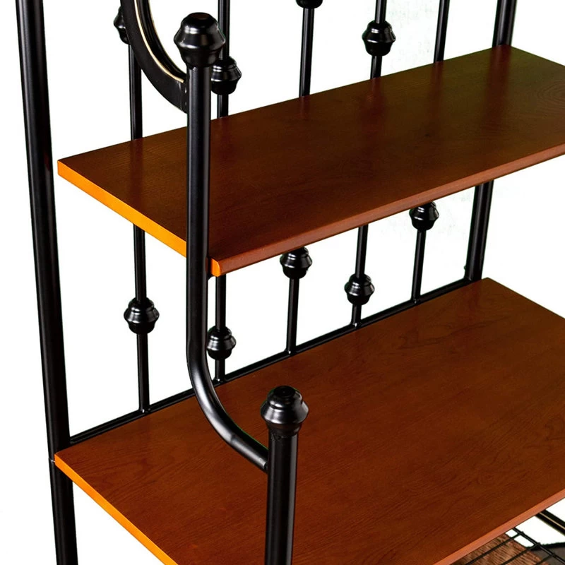 Mediterranean Bakers Rack, 2 Open Shelves And 2 Rattan Storage Baskets, Walnut 4 Mediterranean Bakers Rack, 2 Open Shelves And 2 Rattan Storage Baskets, Walnut - Image 4