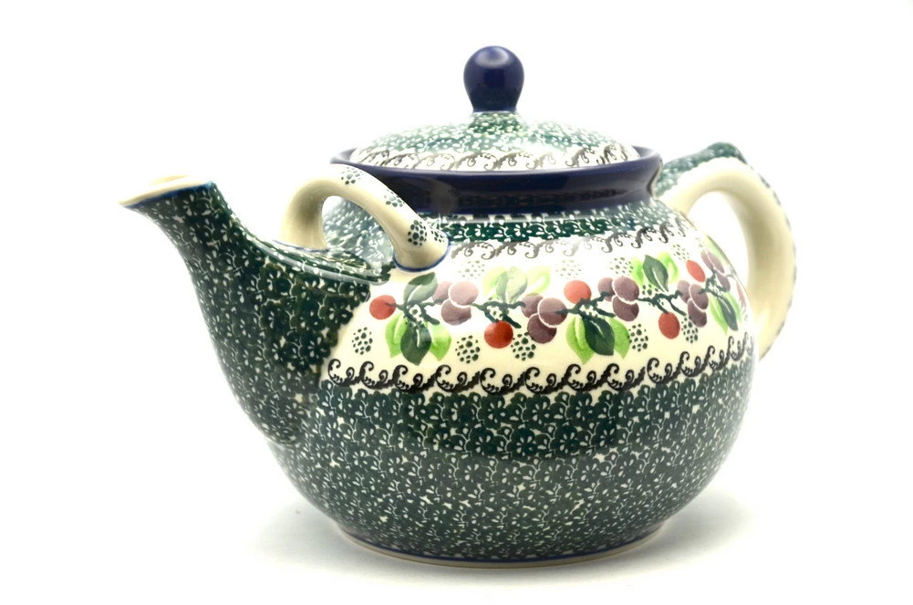 Polish Pottery Teapot - 1 3/4 Qt. - Burgundy Berry Green 1 Polish Pottery Teapot - 1 3/4 Qt. - Burgundy Berry Green