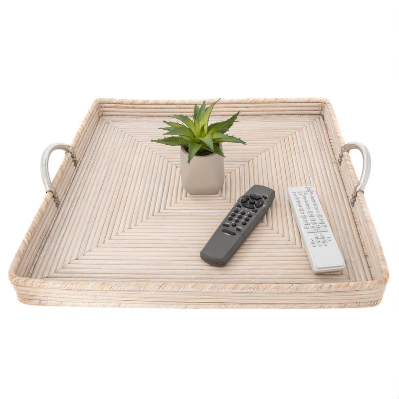 Artifacts Rattan Square Tray, Stainless Steel Handles, White Wash, 20"x20"x2" 3 Artifacts Rattan Square Tray, Stainless Steel Handles, White Wash, 20"x20"x2" - Image 3