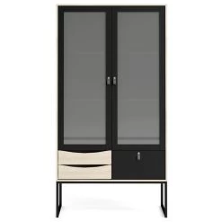 Stubbe 2 Glass Door China Cabinet With 3 Drawers, Black Matte/Oak Structure