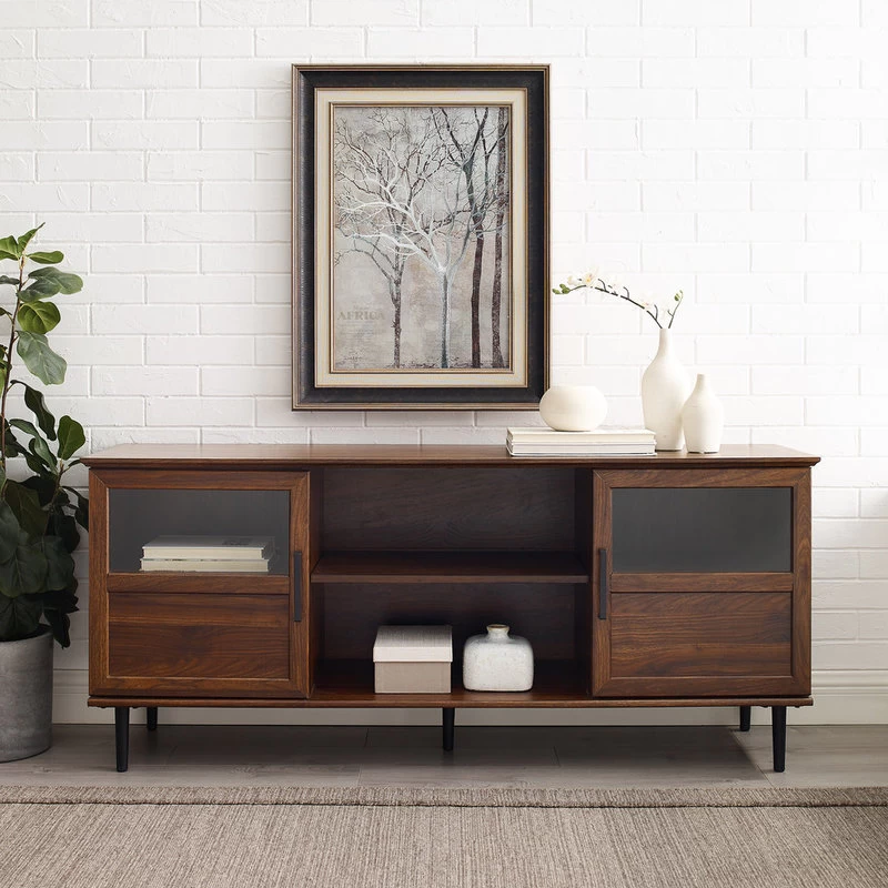 Walker Edison 58" Glass & Wood Split Panel Door TV Console, Dark Walnut 3 Walker Edison 58" Glass & Wood Split Panel Door TV Console, Dark Walnut - Image 3