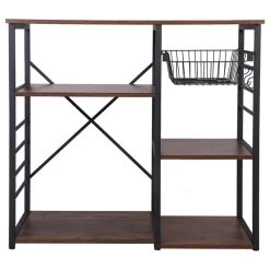 Wood And Metal Bakers Rack With 4 Shelves And Wire Basket, Brown And Black -High End Kitchen ea8188a503be54b2 3047 w800 h800 b1 p0