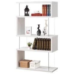 Bowery Hill Modern Glass 4 Shelf Asymmetrical Snaking Bookcase In Glossy White