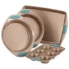 Cucina Nonstick Bakeware 4-Piece Set, Latte Brown, Agave Blue Handle Grips