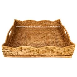Artifacts Rattan Scallop Square Tray, Cutout Handles, Honey Brown, 24"x24"x4.5"