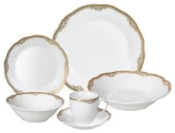 24 Piece Fine Wavy Edge Porcelain Dinnerware Set, Amelia Design, Catherine