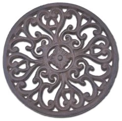 Decorative Round Cast Iron Trivet, Ornate Heart Design, 7" Wide